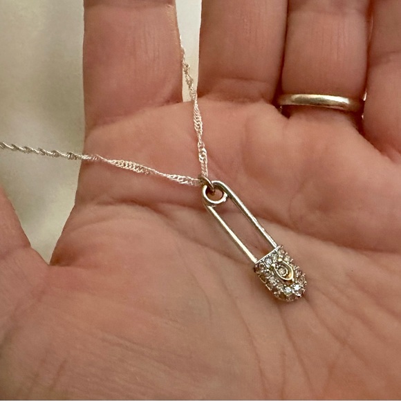 Coach Pave Crystal Signature C Safety Pin Pendant .925 Sterling Silver Necklace - Picture 3 of 8